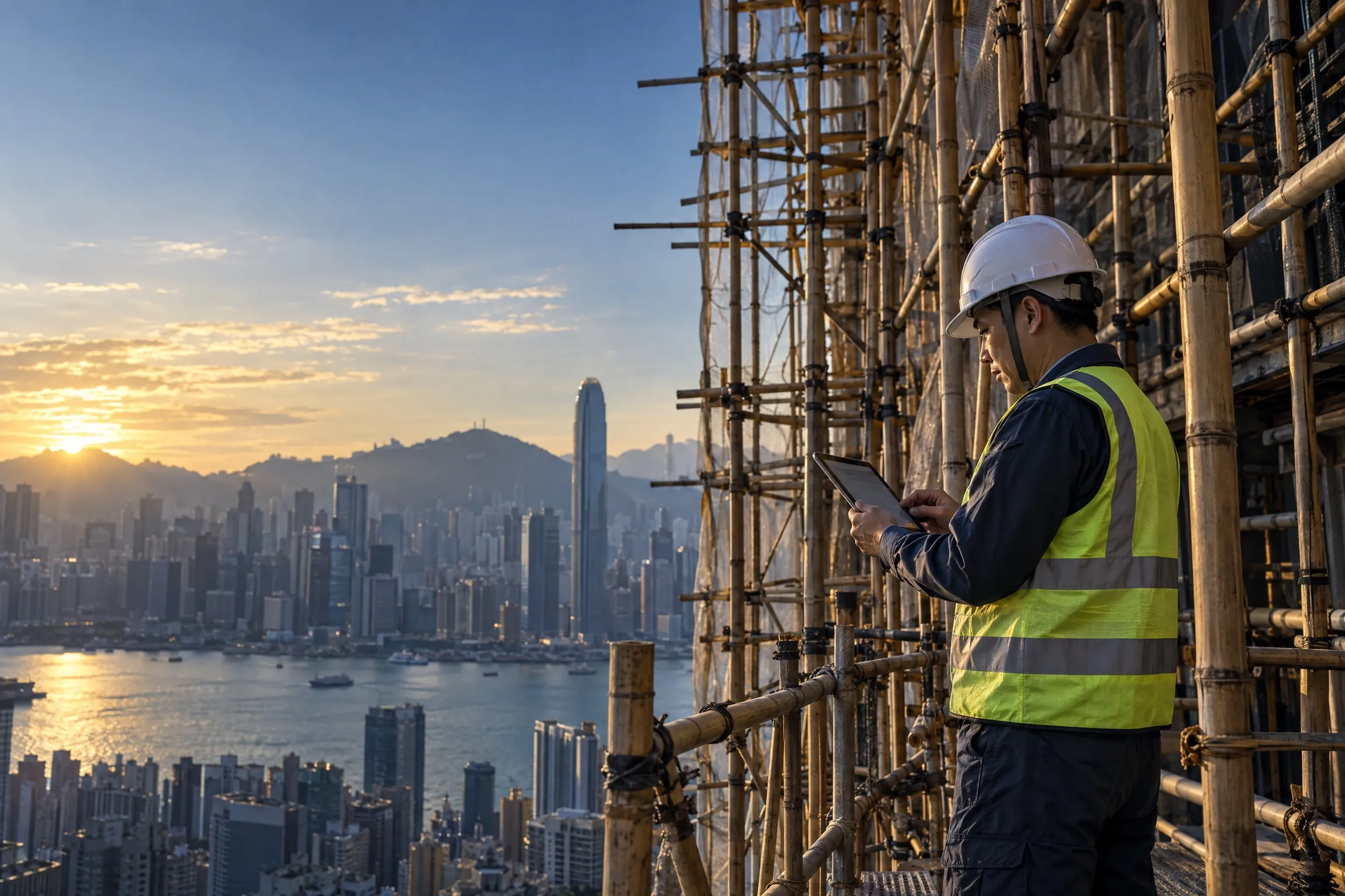 香港棚架工程現場，安全人員使用平板進行數碼巡查